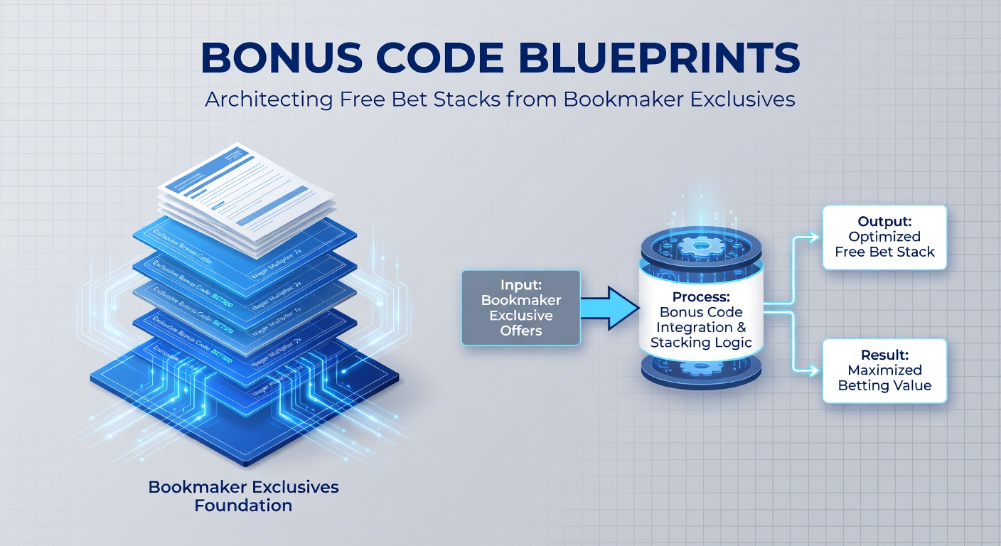 Step-by-step infographic illustrating a multi-layer free bet stack from bonus codes, featuring bookmaker icons and profit flow arrows across sports events