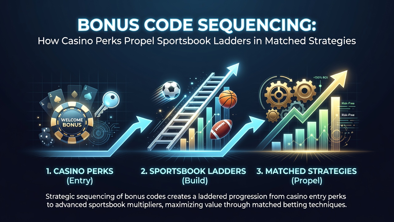 Illustration showing sequenced bonus codes transitioning from casino perks to sportsbook ladder progression in matched betting setups