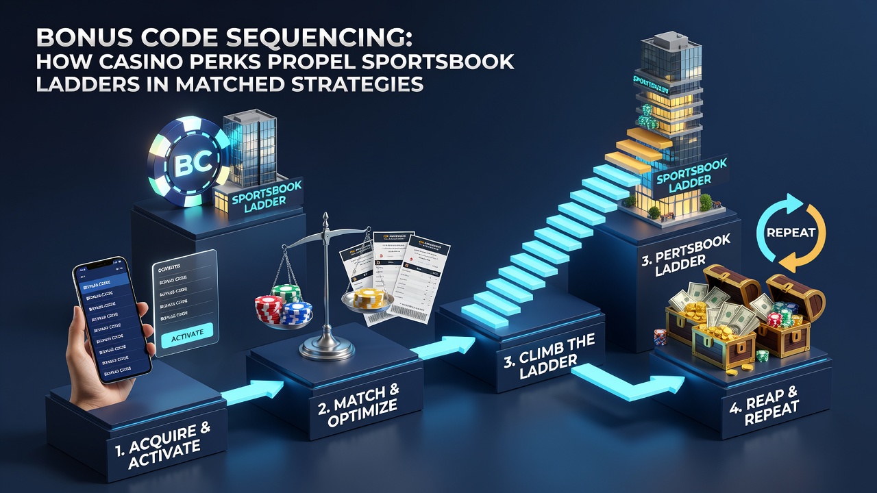 Diagram depicting the flow of bonus code sequencing from casino rewards through intermediate steps to completed sportsbook ladder positions