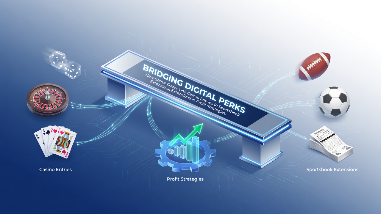 Illustration showing bonus codes bridging casino and sportsbook platforms with digital interfaces and profit flow diagrams
