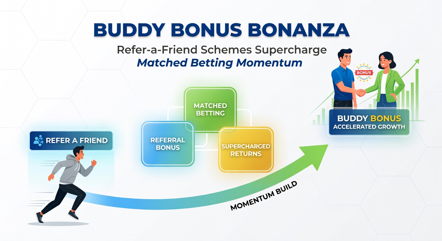 Screenshot of a bookmaker app displaying a refer-a-friend bonus notification, with profit calculations overlaid for matched betting