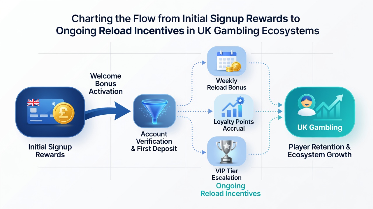 Flowchart detailing how reload bonuses activate after initial signup rewards are claimed in UK gambling ecosystems