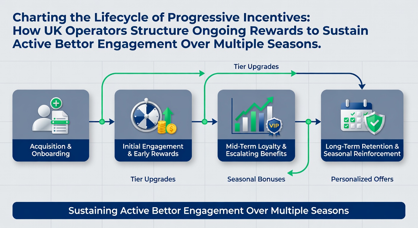 Diagram illustrating the stages of progressive betting incentives used by UK operators to retain customers over multiple seasons