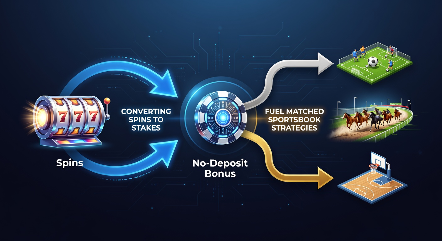 Step-by-step flowchart showing casino spins converting to matched sportsbook bets with profit arrows