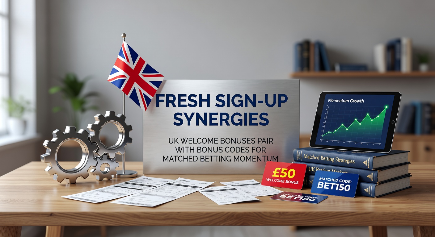 A dynamic graphic showing a new bettor activating welcome bonuses and bonus codes on a UK bookmaker app, with arrows illustrating matched betting flows and profit momentum building from sign-up.