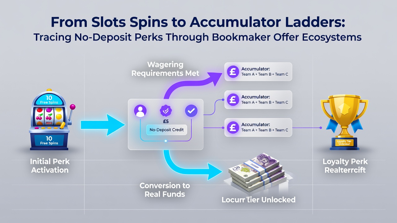 Flowchart illustrating how no-deposit slot credits transition into accumulator betting ladders across integrated bookmaker platforms