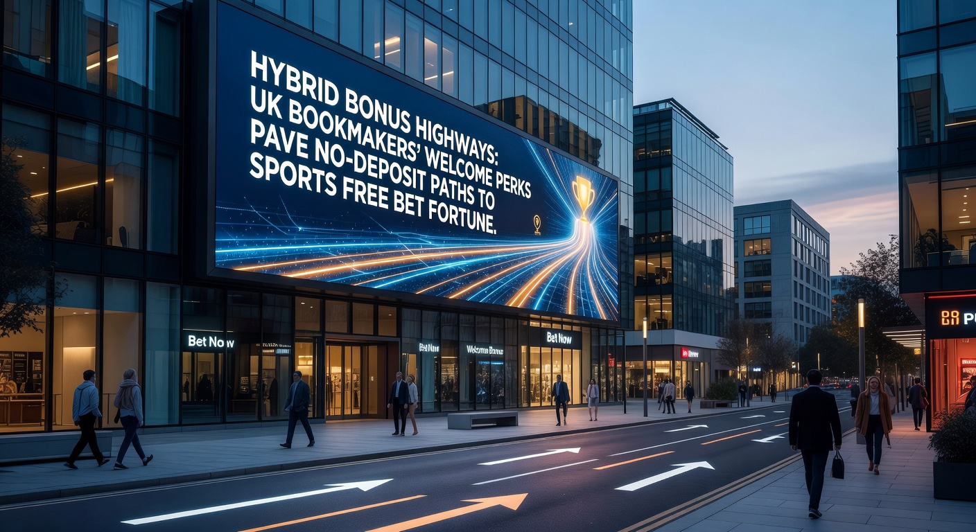 Illustration of a winding highway made of golden betting chips leading from a no-deposit sign to stacks of free bet fortunes in a matched betting landscape