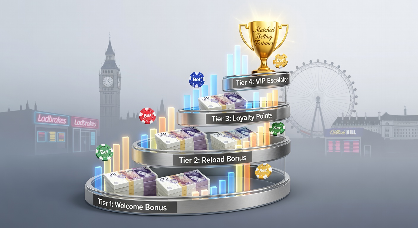 Graphic illustrating tiered loyalty levels in UK bookmaker apps, showing progression from bronze to diamond with bonus multipliers
