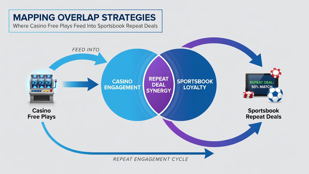 Flowchart illustrating how casino free play balances qualify players for layered sportsbook repeat promotions