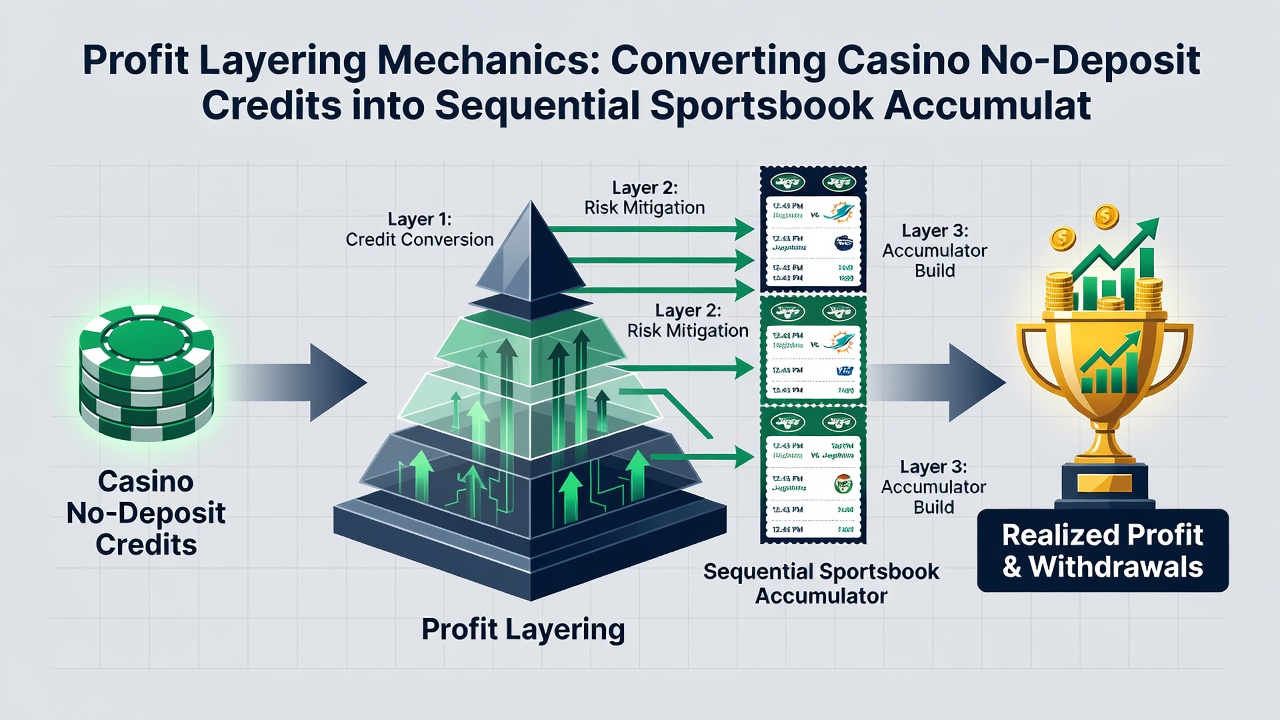 Flowchart illustrating sequential accumulator chain progression from initial casino credit conversion through multiple betting stages