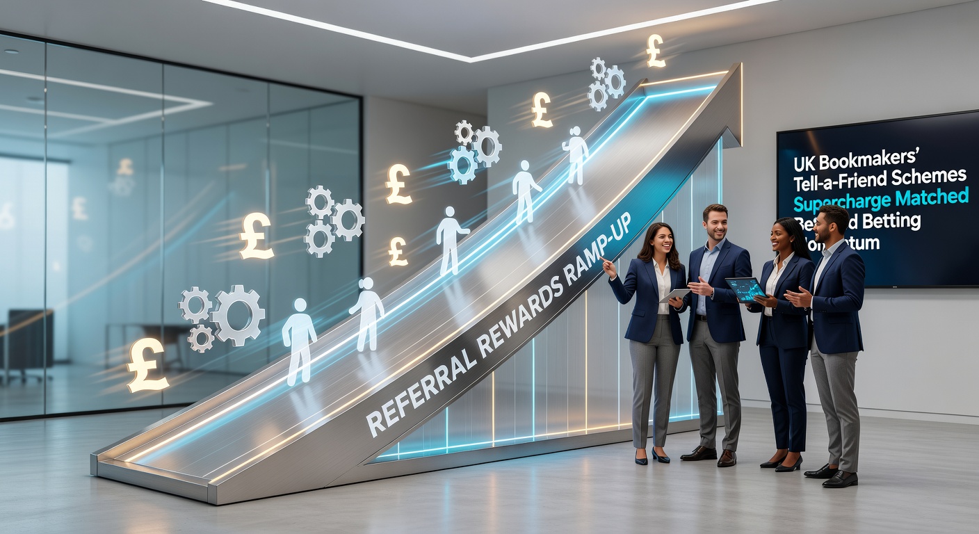 Illustration of friends sharing a mobile phone with betting app notifications popping up, symbolizing referral schemes in action