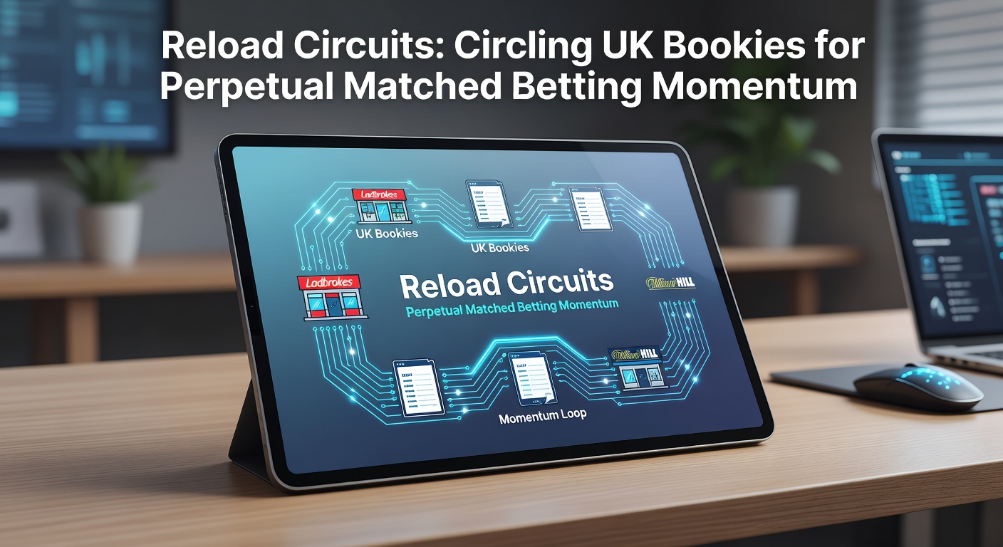 Diagram showing a circular flow of reload offers between multiple UK bookmaker logos, illustrating perpetual matched betting momentum