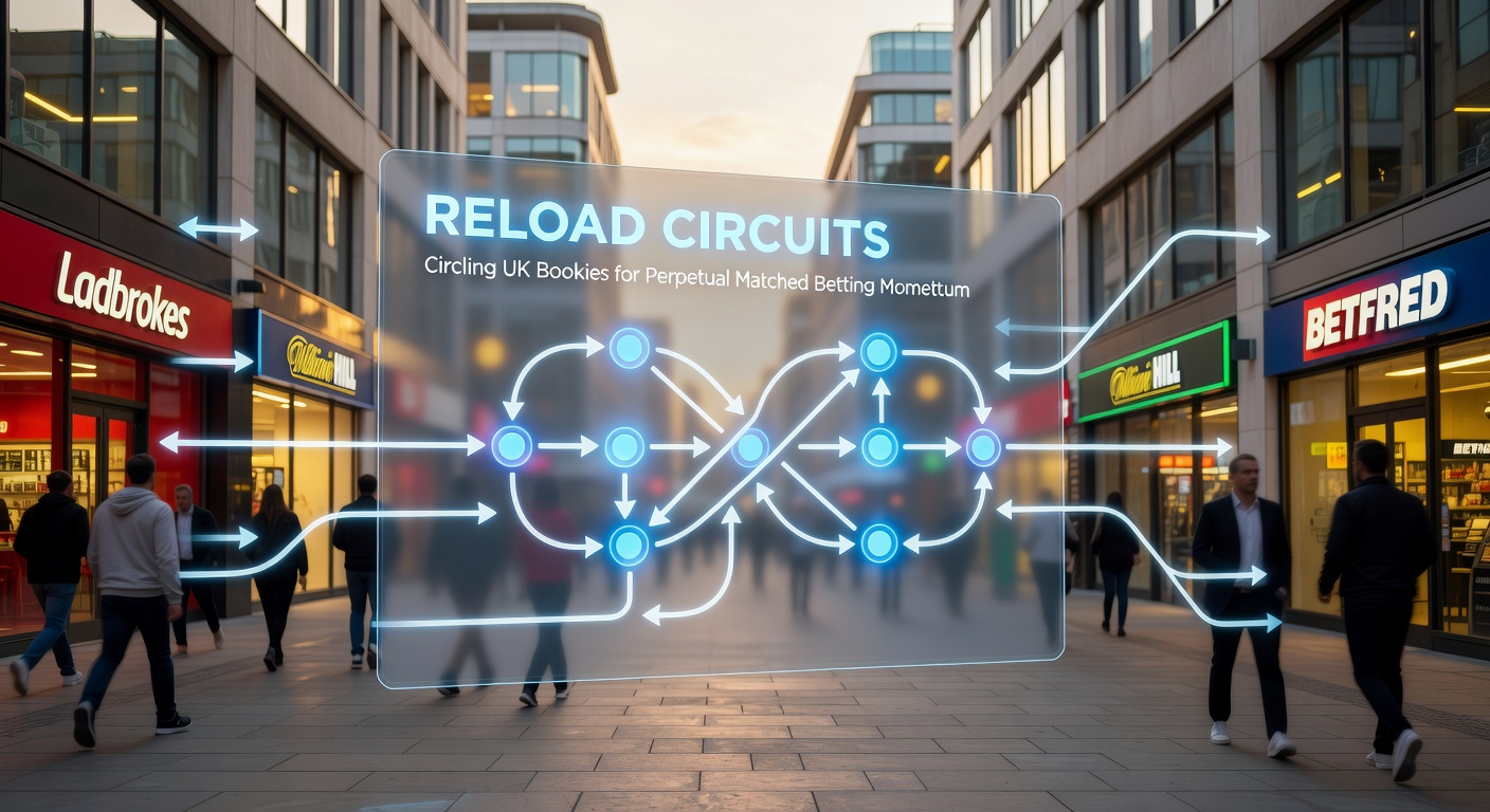 Screenshot of a matched betting calculator displaying reload offer qualifications across UK bookmakers, with profit projections highlighted