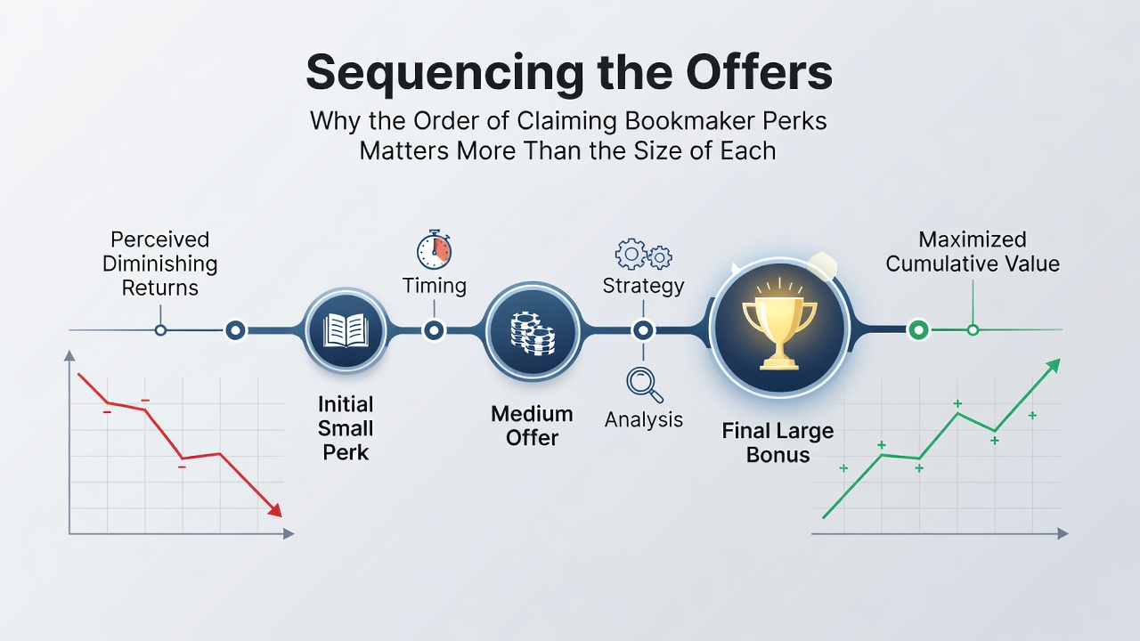 Diagram comparing two different sequences of claiming perks and their resulting profit timelines