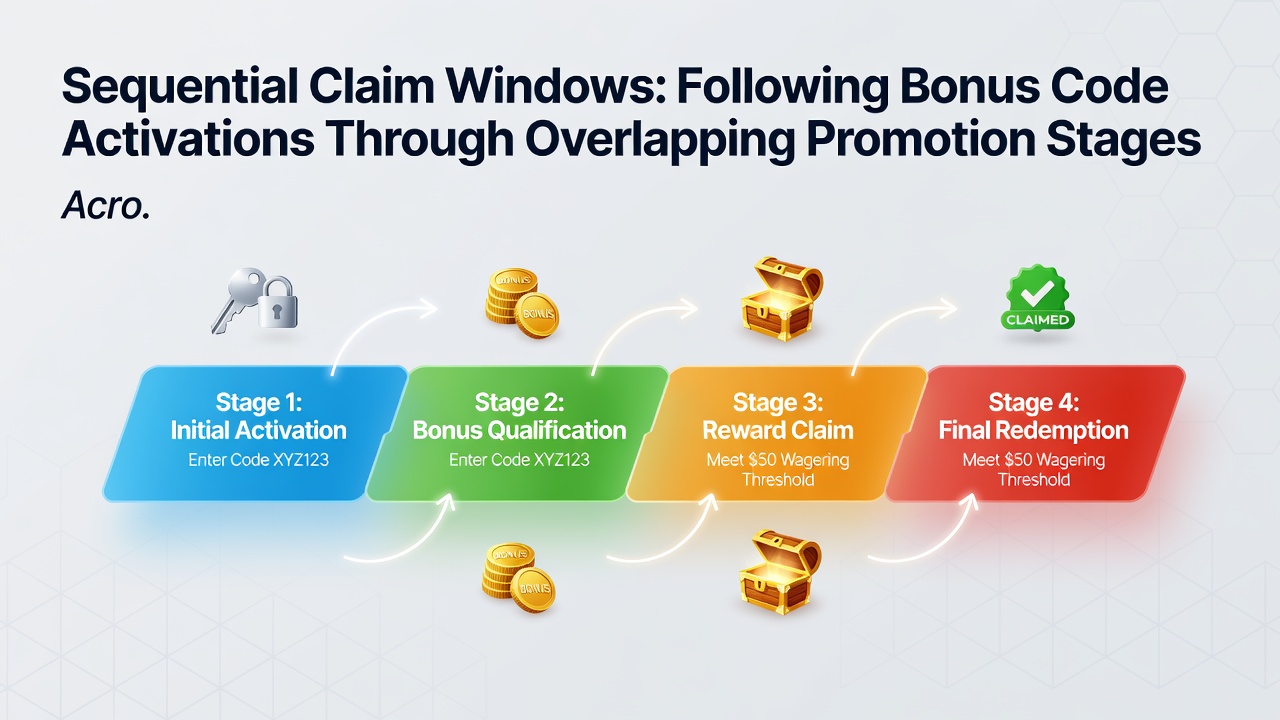 Flowchart illustrating bonus code progression through casino and sportsbook promotion stages with timed claim windows