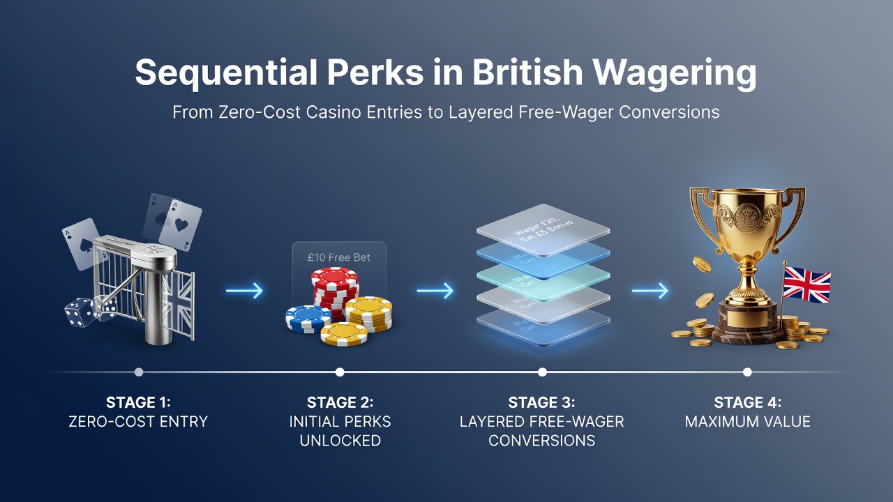 Overview of sequential bonus pathways in British wagering showing casino entries flowing into sportsbook conversions
