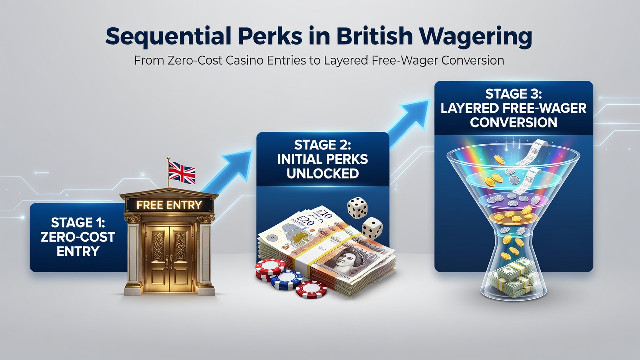 Diagram illustrating layered free wager conversions from casino bonuses in UK betting sequences