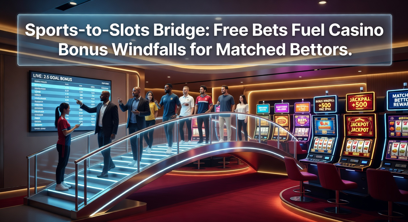 Matched bettor analyzing sports odds on a laptop next to casino slot reels glowing with bonus potential