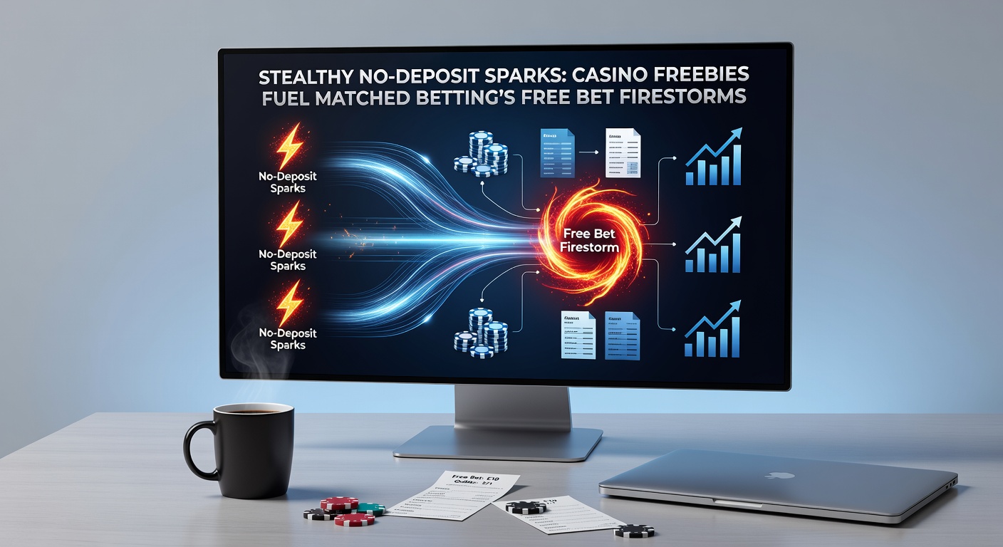 Visual breakdown of a no-deposit casino bonus flowing into a series of matched free bets, showing profit arrows and low-risk paths